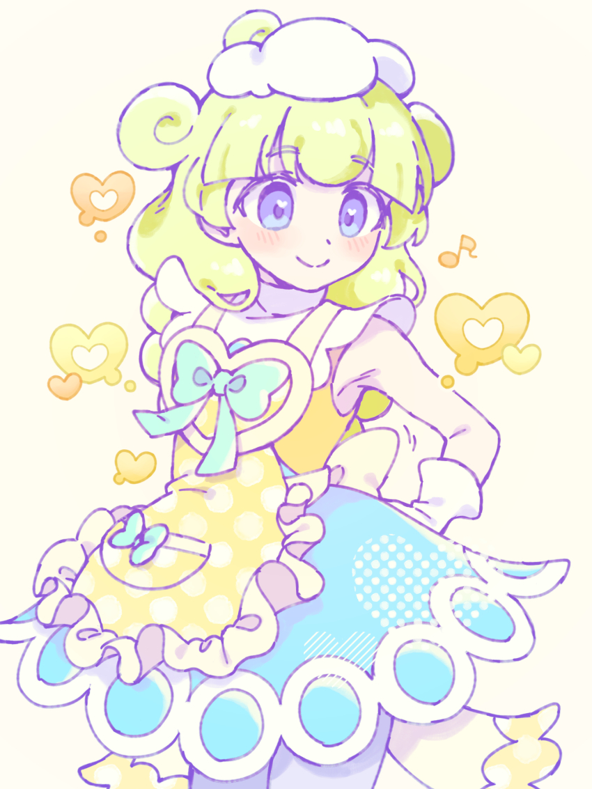1girl, apron, bare_arms, blue_bow, blue_dress, blue_eyes, bow, c:, collar, cowboy_shot, dress, frilled_apron, frilled_collar, frills, fur_hat, gloves, green_hair, hair_flaps, hand_on_own_hip, hat, heart, heart-shaped_speech_bubble, heart_in_eye, highres, light_blush, long_hair, looking_to_the_side, marle_(puyopuyo), mikumaringo, mini_hat, musical_note, pocket, polka_dot, polka_dot_apron, puyopuyo, puyopuyo_tetris_2, simple_background, sleeveless, sleeveless_dress, smile, solo, speech_bubble, split_mouth, standing, symbol_in_eye, thought_bubble, turtleneck, unmoving_pattern, white_gloves, white_hat, yellow_apron, yellow_background