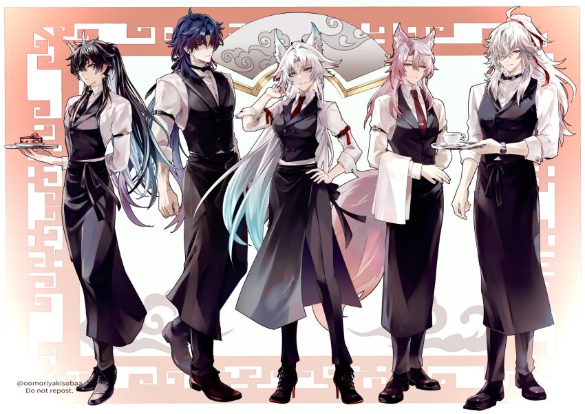 1girl, 4boys, alternate_costume, animal_ears, aqua_eyes, aqua_hair, black_footwear, black_hair