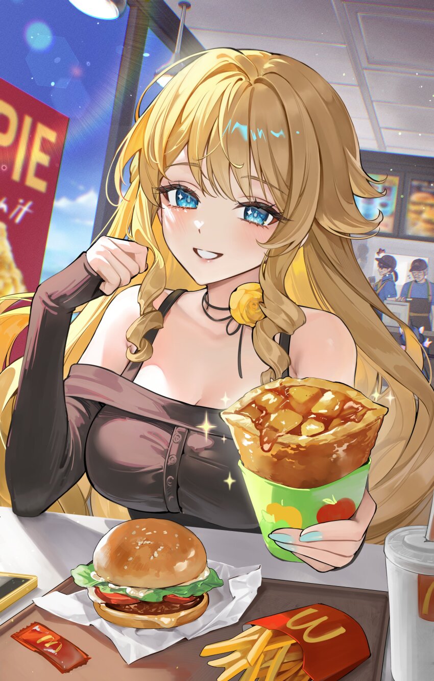 1girl, 2boys, absurdres, alternate_costume, bare_shoulders, blonde_hair, blue_eyes, burger