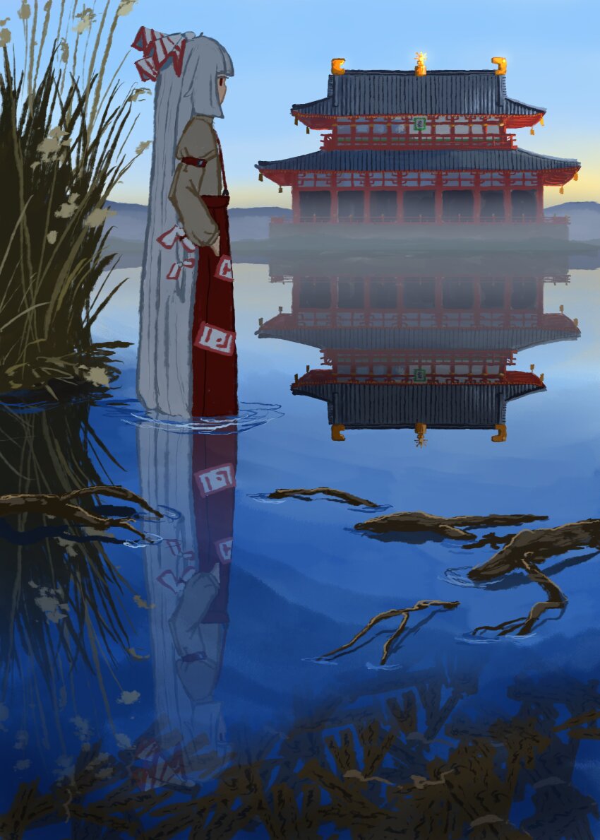 1girl, absurdres, blue_sky, bow, fog, fujiwara_no_mokou, hair_bow, hands_in_pockets