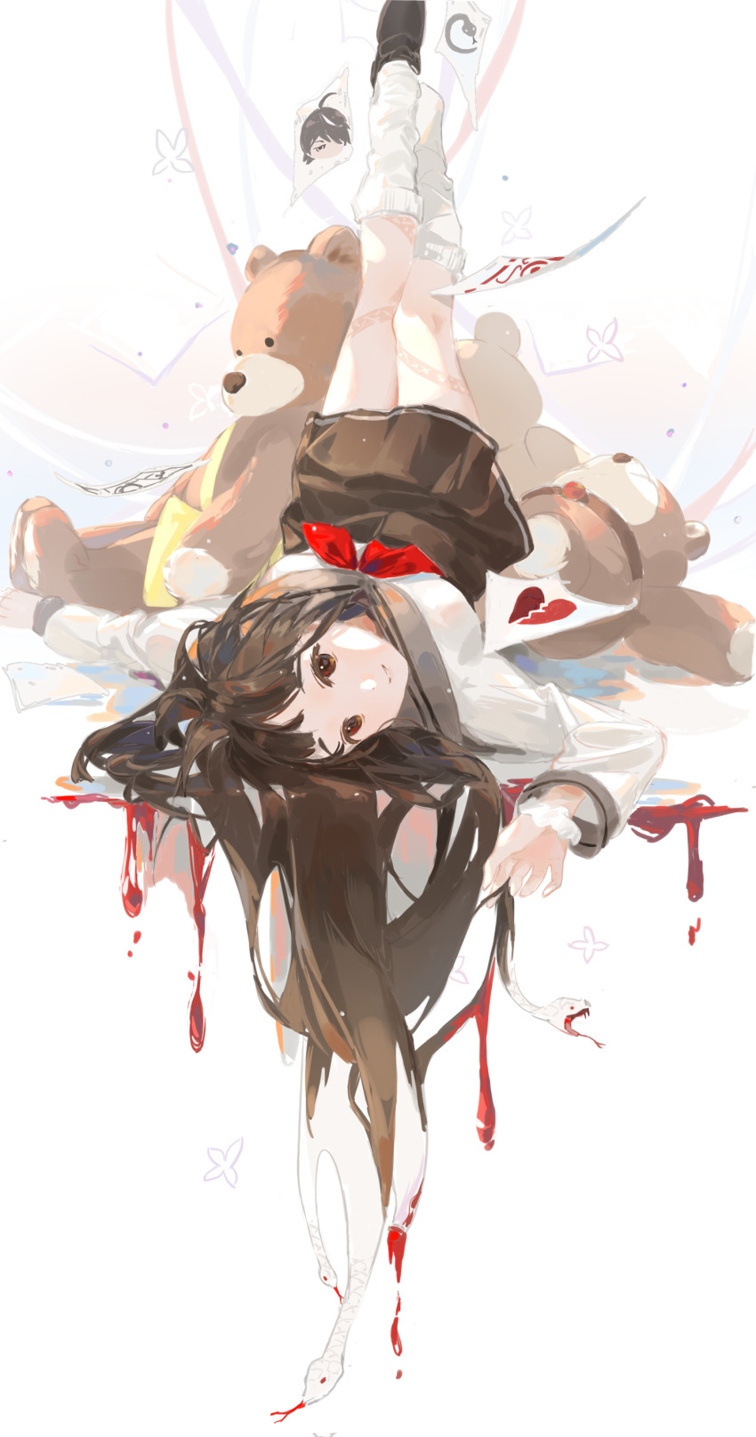 1girl, absurdres, araragi_koyomi, blood, breasts, broken_heart, brown_eyes, brown_hair, full_body, heart, highres, kneehighs, legs_up, long_hair, long_sleeves, looking_at_viewer, lying, mizuhara_sh, monogatari_(series), on_back, otorimonogatari, parted_lips, school_uniform, sengoku_nadeko, simple_background, skirt, small_breasts, snake, socks, solo, stuffed_animal, stuffed_toy, teddy_bear, white_background, white_snake, white_socks