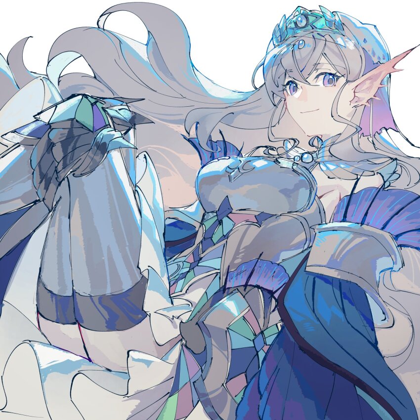 1girl, bare_shoulders, blue_dress, blue_eyes, breasts, detached_sleeves, dress, duel_monster