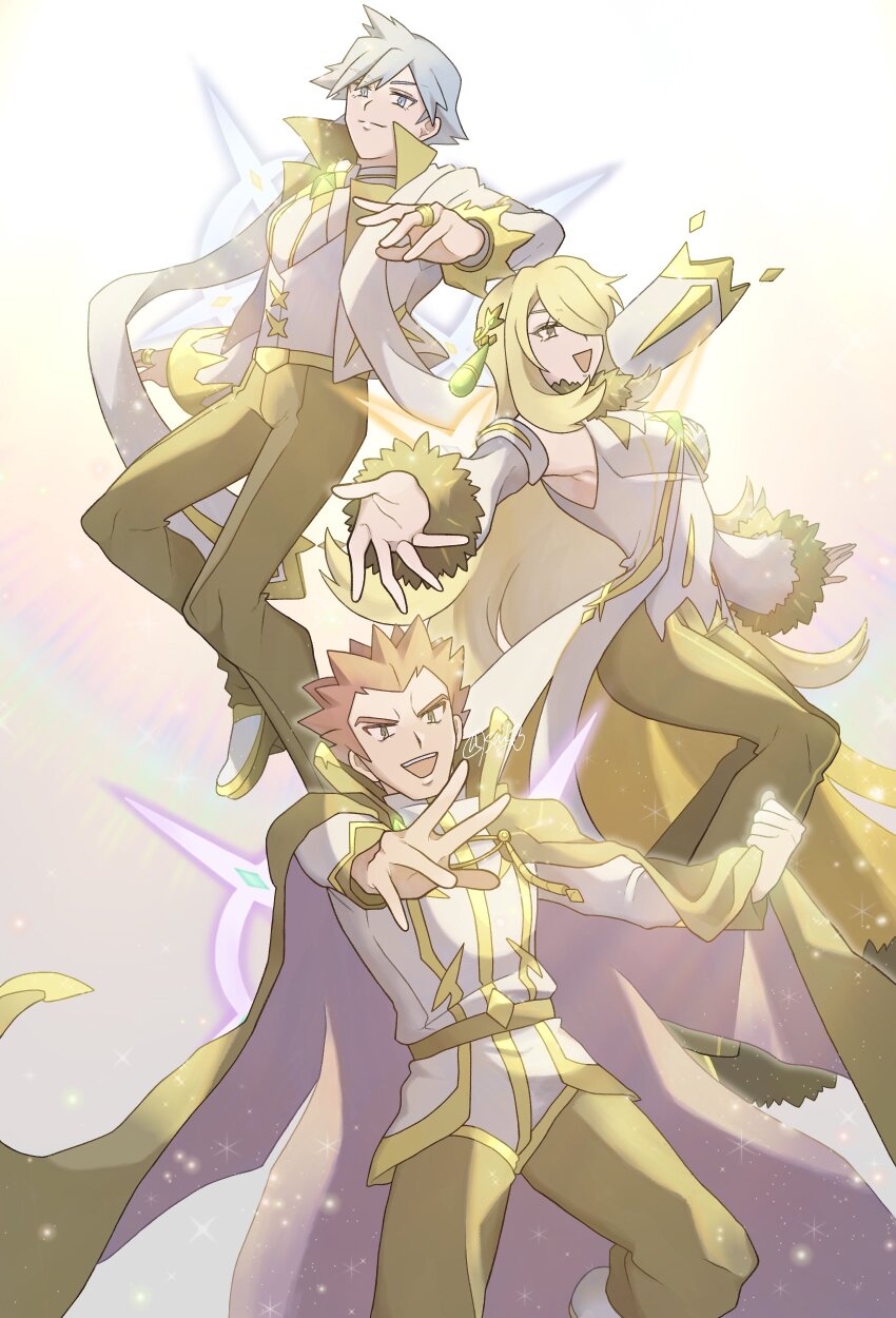 1girl, 2boys, :d, absurdres, black_pants, blonde_hair, cape, closed_mouth