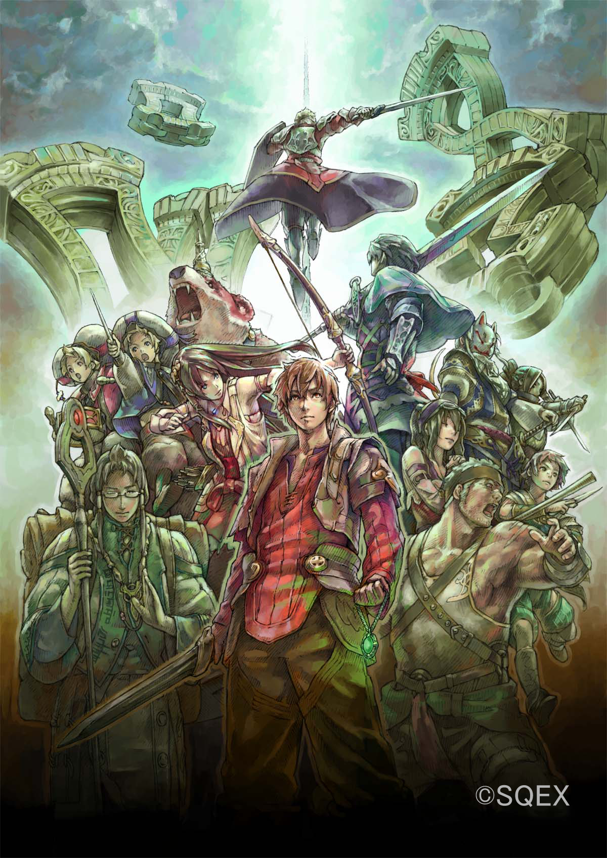 aya_(infinite_undiscovery), brown_hair, capell, character_request, closed_mouth, cloud, gloves, highres