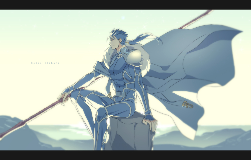 1boy, arm_support, blue_hair, cape, clip_studio_paint_(medium), commentary_request, cu_chulainn_(fate), cu_chulainn_(fate/stay_night)