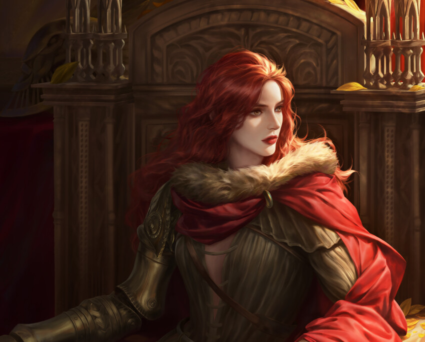1girl, absurdres, brown_eyes, cape, close-up, closed_mouth, commentary, cropped, dress, elden_ring, english_commentary, erry, fur-trimmed_cape, fur_trim, grey_dress, highres, leaf, lips, long_hair, malenia_blade_of_miquella, mechanical_arms, prosthesis, prosthetic_arm, prosthetic_leg, red_cape, red_hair, red_lips, single_mechanical_arm, sitting, on_throne, solo, sunlight, throne