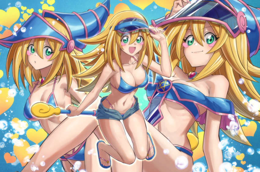 bikini, blonde_hair, blue_bikini, blue_footwear, blue_hat, blush_stickers, breasts, bubble