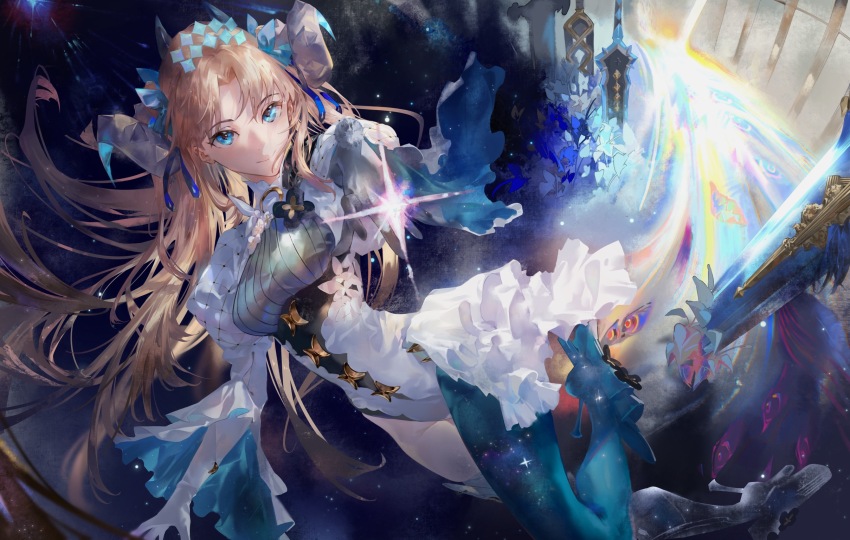 1girl, blue_eyes, breasts, chiaspicy, curled_horns, elbow_gloves, ereshkigal_(fate), fate/grand_order