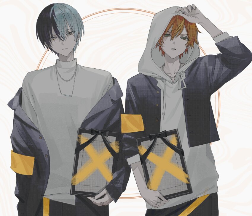 2boys, adjusting_hood, aoyagi_touya, arm_at_side, arm_up, armband, awa_(beni_tinn), black_jacket