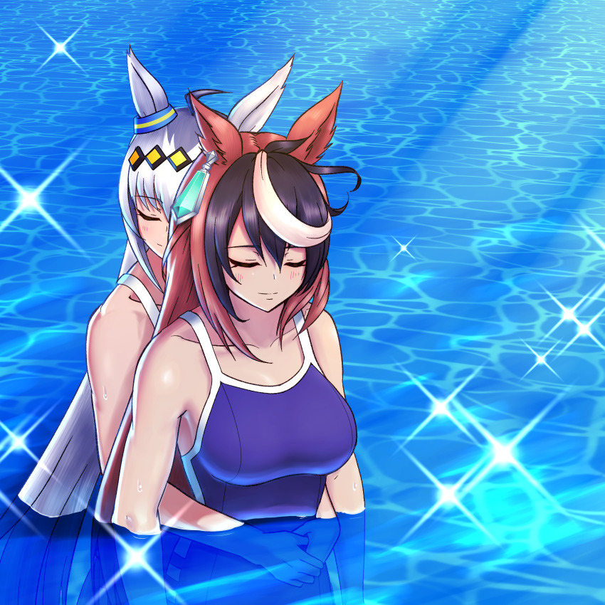 2girls, absurdres, ahoge, animal_ears, blue_one-piece_swimsuit, breasts, brown_hair, closed_eyes