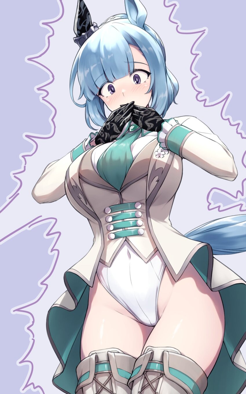 1girl, animal_ears, aqua_necktie, black_gloves, boots, breasts, commentary_request, covered_navel