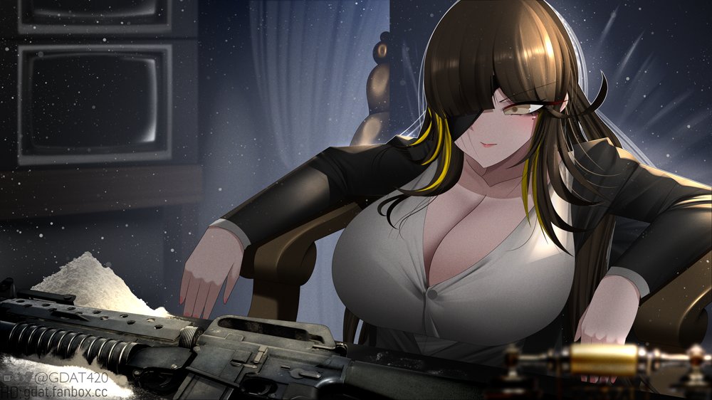 1girl, antique_phone, assault_rifle, black_jacket, breasts, cleavage, cocaine, crt, drugs, eyepatch, formal_clothes, gdat, girls'_frontline, grenade_launcher, gun, huge_breasts, jacket, long_hair, m16, m16a1, m16a1_(girls'_frontline), m16a1_(special_agent_gets_no_day_off)_(girls'_frontline), m203, multicolored_hair, rifle, scar, scarface, shirt, solo, streaked_hair, suit, television, underbarrel_grenade_launcher, weapon, white_shirt