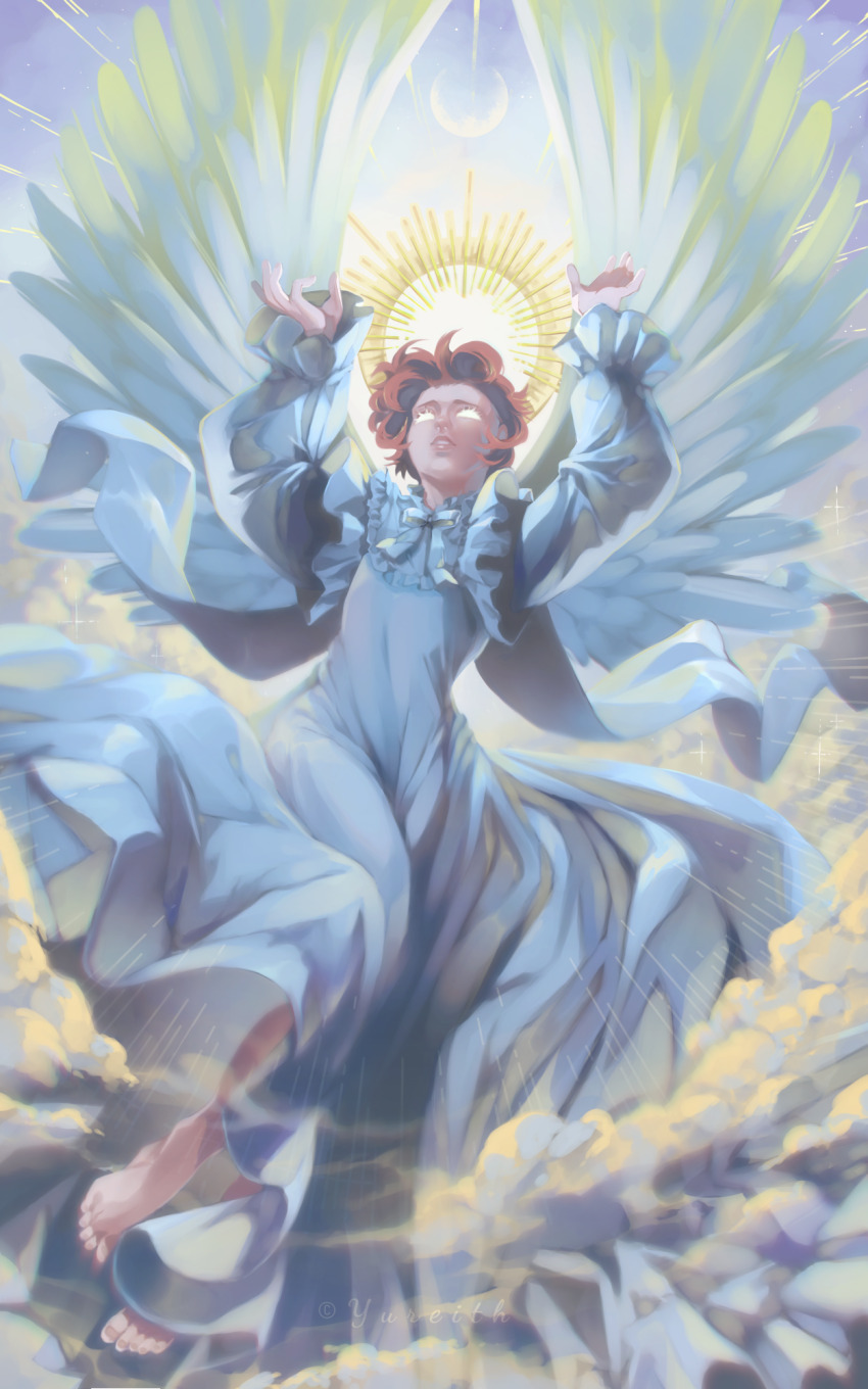 1boy, androgynous, angel, angel_wings, arms_up, barefoot, blue_sky, brown_hair