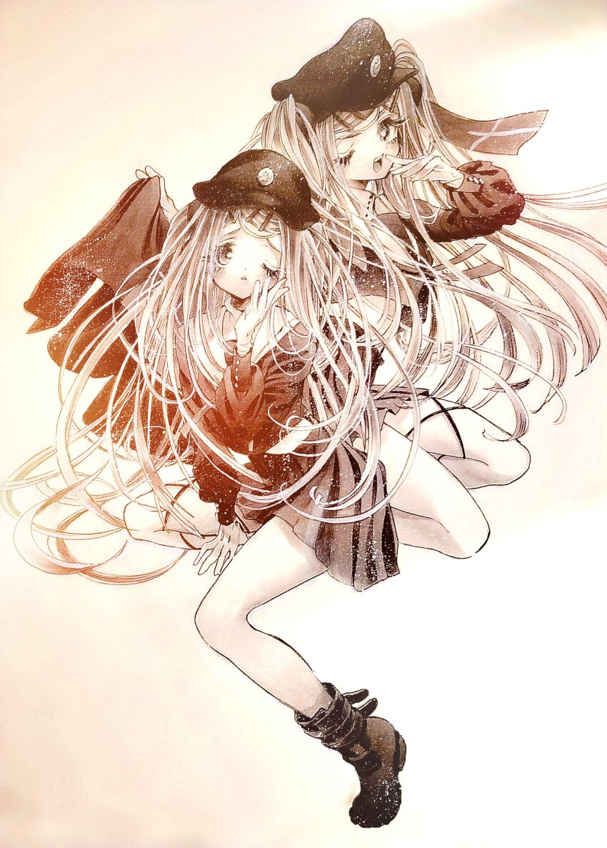 2girls, aya_carmine, between_legs, commentary_request, crop_top, full_body, furrowed_brow, geminism, gloves, greyscale, hair_ornament, hair_ribbon, hairclip, hand_between_legs, hand_on_own_cheek, hand_on_own_face, hand_to_own_mouth, hand_up, hat, highres, hirosoma_kikyou, hirosoma_shinku, long_hair, long_sleeves, monochrome, multiple_girls, neckerchief, one_eye_closed, open_mouth, parted_lips, peaked_cap, plaid_clothes, plaid_skirt, puffy_long_sleeves, puffy_sleeves, ribbon, sailor_collar, school_uniform, serafuku, siblings, sisters, sitting, skirt, traditional_media, twins, twintails, very_long_hair