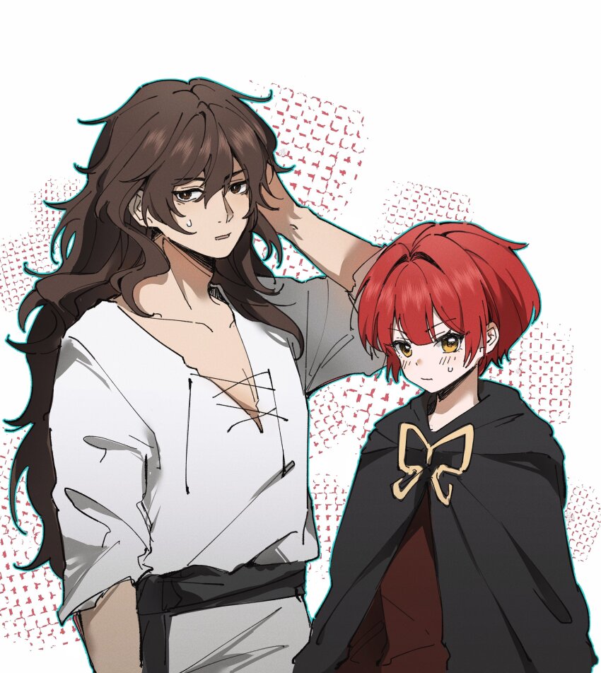 1boy, 1girl, absurdres, black_cloak, brooch, brown_eyes, brown_hair, butterfly_brooch