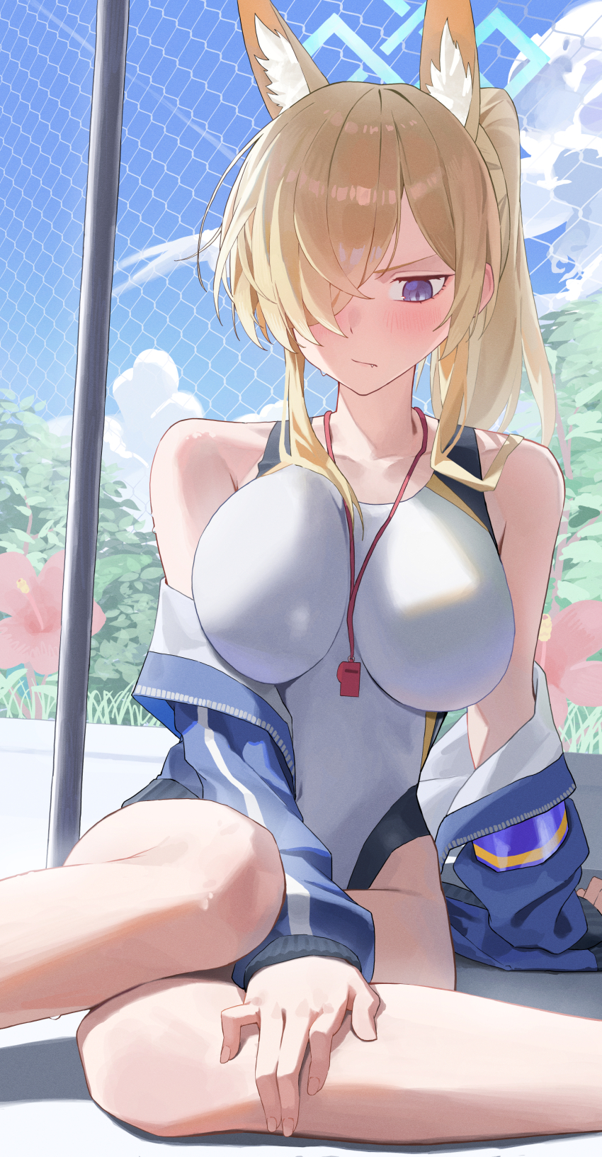 1girl, absurdres, bare_shoulders, blonde_hair, blue_archive, blue_eyes, blue_halo, blue_jacket, blue_sky, breasts, chain-link_fence, cloud, cloudy_sky, commentary_request, day, fang, fang_out, fence, hair_over_one_eye, halo, highres, jacket, jinsei_tsuraiman, kanna_(blue_archive), kanna_(swimsuit)_(blue_archive), large_breasts, looking_down, off_shoulder, one-piece_swimsuit, open_clothes, open_jacket, sitting, sky, solo, swimsuit, whistle, whistle_around_neck, white_one-piece_swimsuit