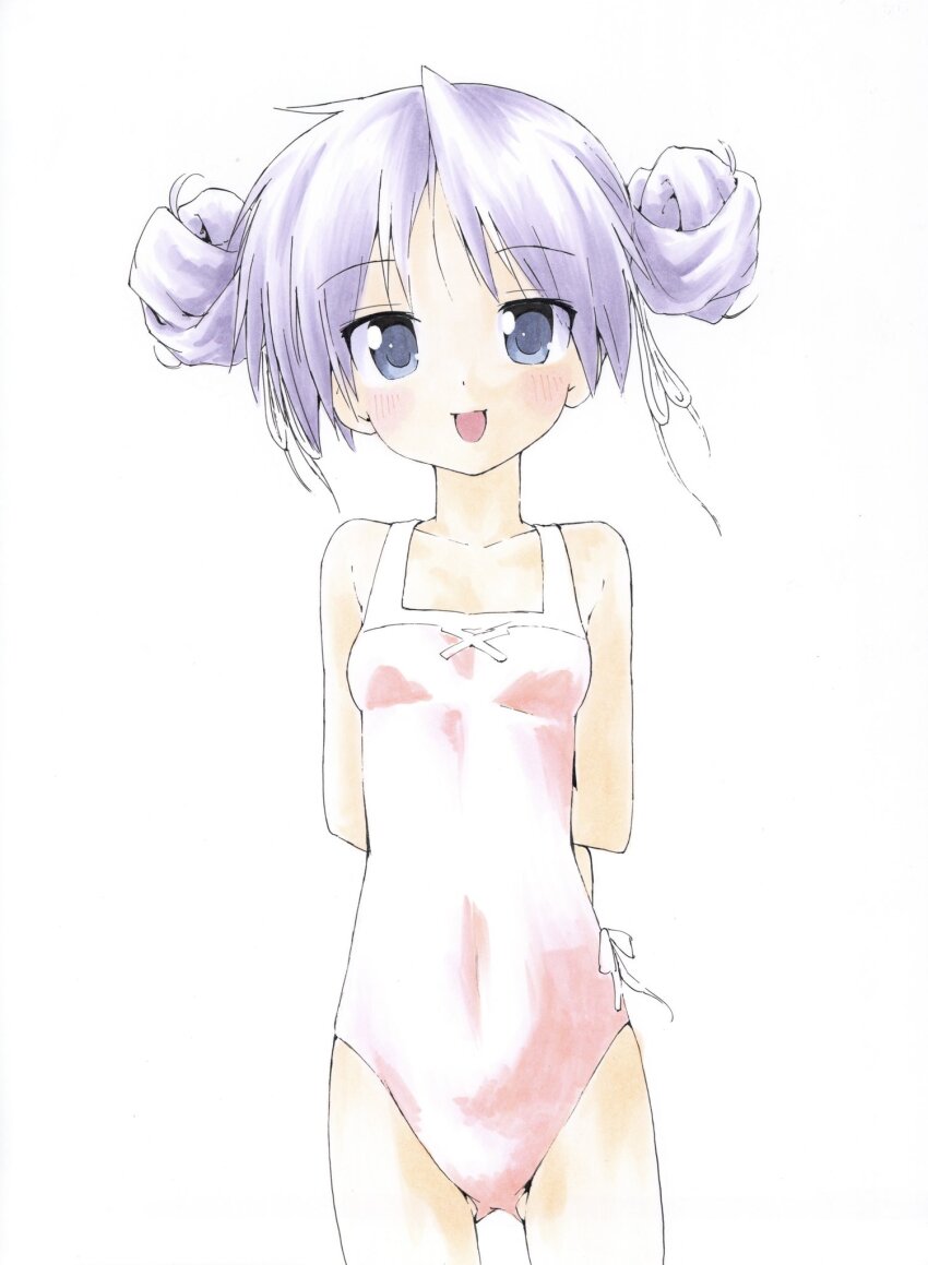 1girl, :d, alternate_hairstyle, arms_behind_back, bare_shoulders, blue_eyes, blush, breasts