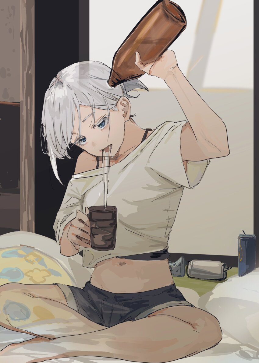 1girl, 303_goushitsu_no_kamisama, arm_up, bare_shoulders, beer_can, black_camisole, blue_eyes, camisole, can, commentary_request, crop_top, cup, denim, denim_shorts, drink_can, funi_mu9, ghost, glass_bottle, highres, holding, holding_cup, indian_style, indoors, intangible, kami-sama_(303_goushitsu_no_kamisama), midriff, navel, off-shoulder_shirt, off_shoulder, open_mouth, pouring, shirt, short_hair, shorts, sitting, solo, white_hair, white_shirt
