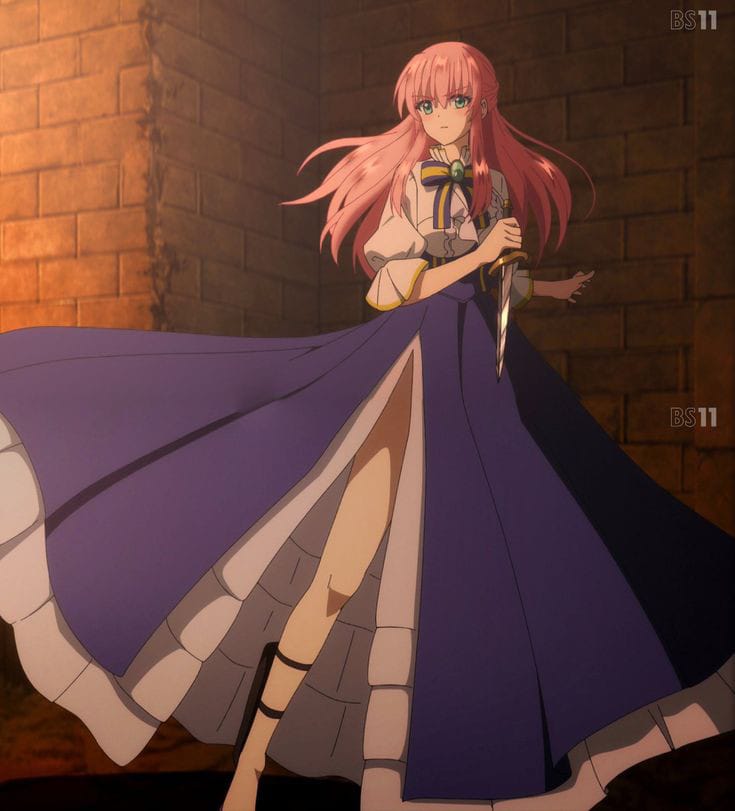 1girl, anime_screenshot, artist_request, breasts, brick_wall, dress, feet_out_of_frame, frilled_dress
