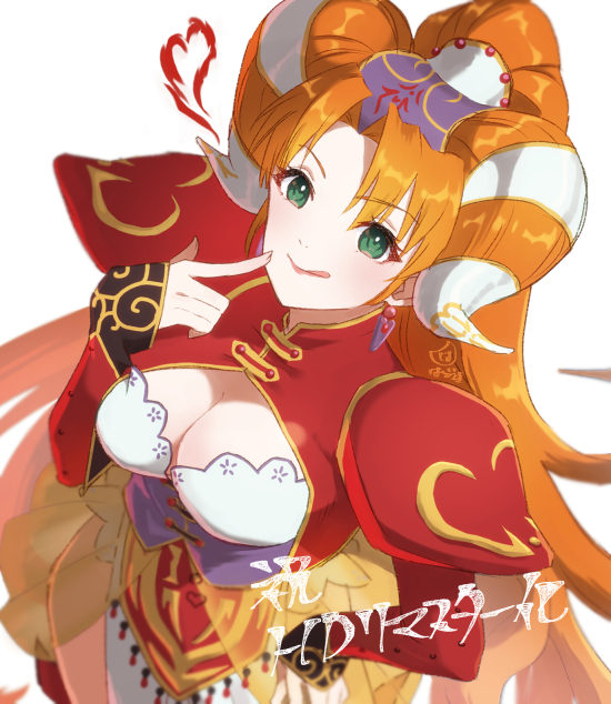 1girl, armor, big_hair, breasts, bustier, cleavage, commentary, corset, earrings, eyelashes, finger_to_mouth, from_above, grandia, grandia_ii, green_eyes, haduki_hazuki, hair_ornament, hand_on_own_hip, heart, jewelry, large_breasts, licking_lips, long_hair, looking_at_viewer, millenia_(grandia), orange_hair, shoulder_armor, smile, solo, tongue, tongue_out, upper_body, very_long_hair, white_background