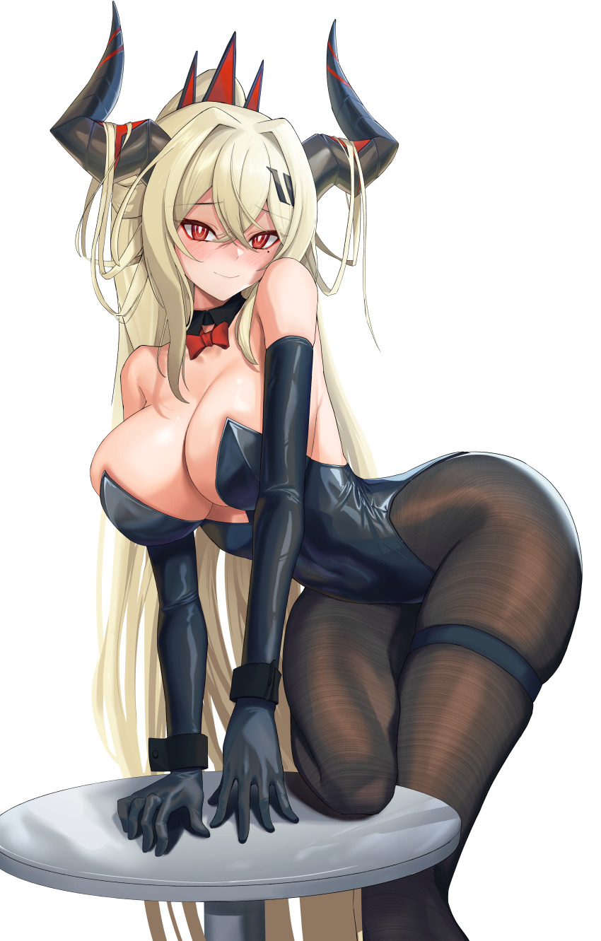 1girl, absurdres, alternate_costume, bare_shoulders, black_gloves, black_horns, black_leotard, black_pantyhose, blonde_hair, blush, bow, bowtie, breasts, bright_pupils, cleavage, commentary, counter:side, crossed_bangs, demon_horns, detached_collar, ecclesia_(counter:side), elbow_gloves, english_commentary, fine_fabric_emphasis, furrowed_brow, gloves, hair_between_eyes, hair_ornament, highleg, highleg_leotard, highres, horns, large_breasts, leaning_forward, leg_up, leotard, long_hair, looking_at_viewer, mole, mole_under_eye, on_table, pantyhose, playboy_bunny, ponytail, red_bow, red_bowtie, red_eyes, ringed_eyes, simple_background, skindentation, smile, solo, strapless, strapless_leotard, table, thigh_strap, very_long_hair, white_background, white_pupils, wrist_cuffs, yaegum2001