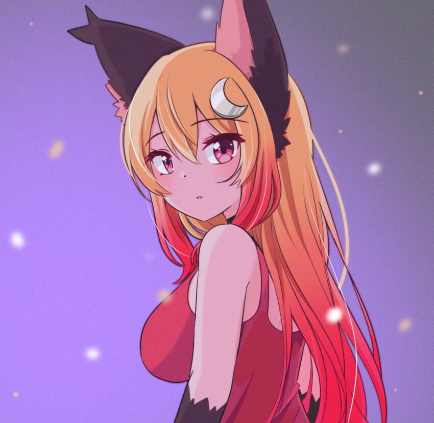 1girl, animal_ear_fluff, animal_ears, blonde_hair, commentary, crescent, crescent_hair_ornament, english_commentary, film_grain, gradient_hair, hair_ornament, light_blush, looking_at_viewer, luna_(wolfychu), multicolored_hair, original, pink_eyes, red_tank_top, solo, tan, tank_top, wolf_ears, wolf_girl, wolfychu_(artist)
