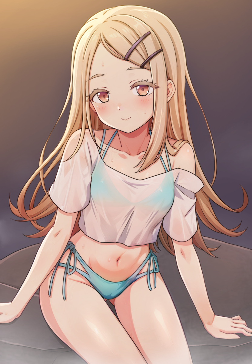 1girl, bikini, bikini_visible_through_clothes, blonde_hair, blue_bikini, brown_eyes, cowboy_shot, gakuen_idolmaster