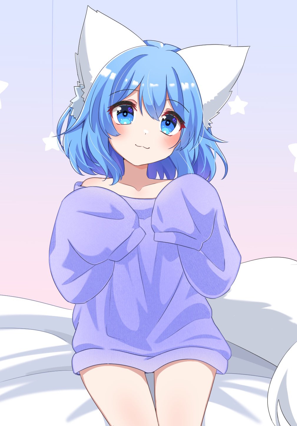 1girl, :3, animal_ear_fluff, animal_ears, bare_legs, blue_eyes, blue_hair, commentary