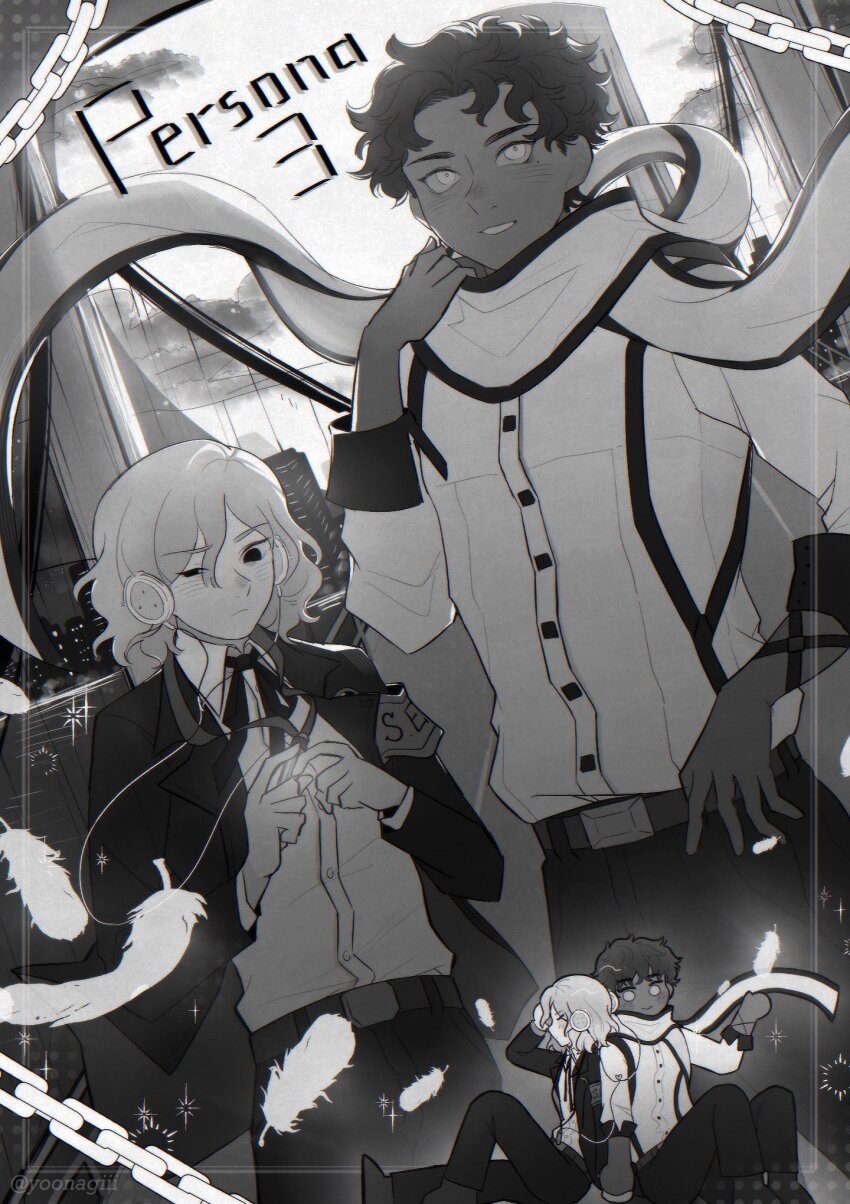 2boys, armband, back-to-back, bags_under_eyes, belt, blush, chain, collared_shirt