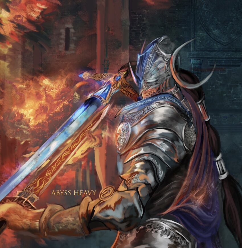 1girl, abyssmalenia, armor, artist_name, black_hair, blue_surcoat, commentary, couter