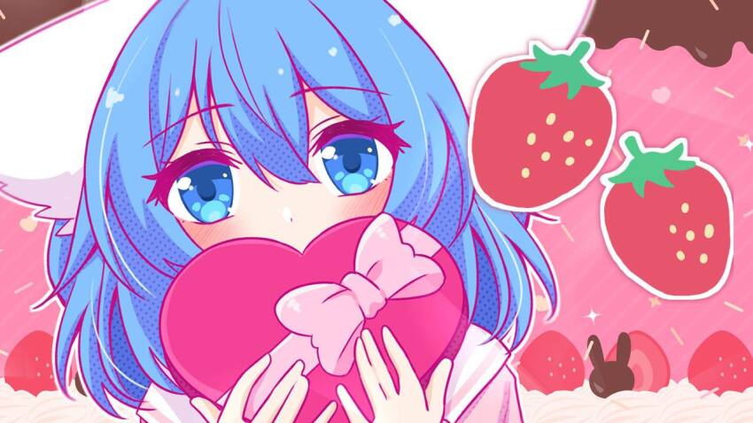 1girl, animal_ear_fluff, animal_ears, blue_eyes, blue_hair, box, chocolate_rabbit, chocolate_syrup, commentary, english_commentary, food, fruit, heart-shaped_box, holding, indie_virtual_youtuber, light_blush, looking_at_viewer, pale_skin, pink_background, short_hair, sprinkles, strawberry, virtual_youtuber, whipped_cream, wolf_ears, wolf_girl, wolfychu, wolfychu_(artist)