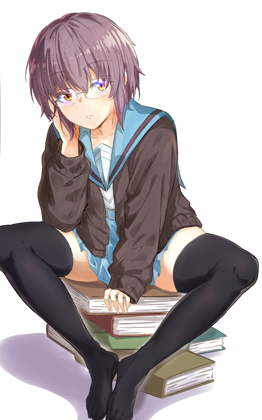 1girl, absurdres, black_thighhighs, blue_sailor_collar, blue_skirt, book, brown_cardigan, brown_eyes, cardigan, closed_mouth, commentary_request, expressionless, glasses, hand_up, highres, kita_high_school_uniform, long_sleeves, nagato_yuki, pile_of_books, purple_hair, red_ribbon, ribbon, sailor_collar, school_uniform, serafuku, shinjin_kootoko, short_hair, simple_background, sitting, skirt, solo, suzumiya_haruhi_no_yuuutsu, thighhighs, white_background, winter_uniform