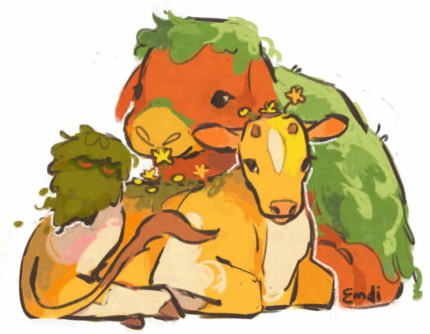 animal, animal_focus, closed_eyes, commentary, cow, creature, creature_focus, emdi, english_commentary, flower, glare_(minecraft), highres, horns, leaf, lying, minecraft, minecraft_earth, moobloom, moss, no_humans, signature, simple_background, sniffer_(minecraft), tail, white_background