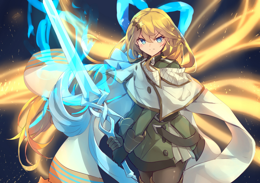 1girl, absurdres, blonde_hair, blue_eyes, cloak, dress, duel_monster, energy_wings