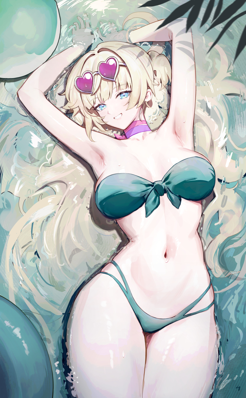 1girl, absurdres, alternate_costume, aqua_bikini, armpits, arms_up, bikini, blonde_hair, blue_eyes, breasts, cleavage, collarbone, commentary, front-tie_bikini_top, front-tie_top, hair_spread_out, heart, heart-shaped_eyewear, highres, honkai_(series), honkai_impact_3rd, large_breasts, long_hair, looking_at_viewer, lying, lysh, navel, on_back, partially_submerged, sidelocks, smile, solo, songque, songque_(summertime_reminiscences), stomach, strapless, strapless_bikini, swimsuit, very_long_hair, water