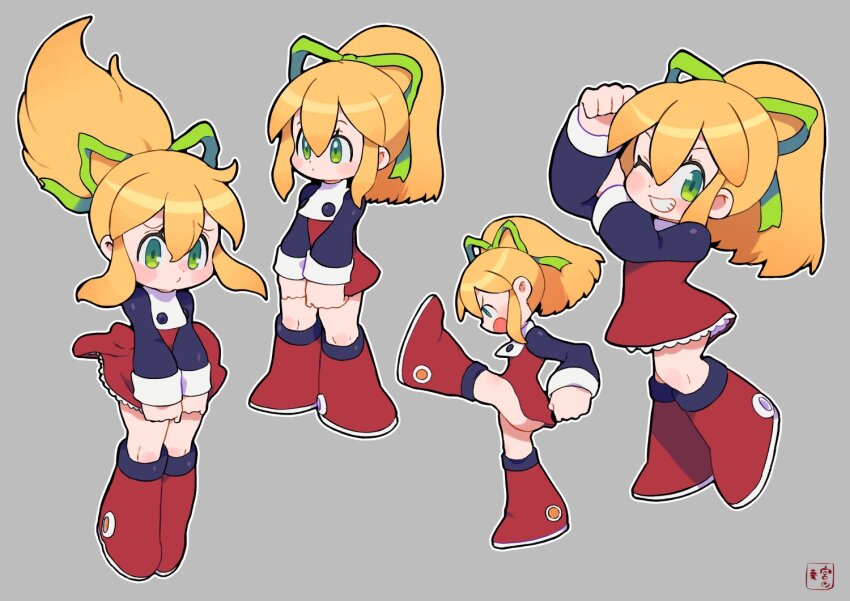 1girl, ;d, android, blush, boots, dress, embarrassed, feeling_muscles, green_eyes, green_ribbon, grey_background, grin, hair_ribbon, high_kick, hooded_dress, kicking, mega_man_(series), miyata_(lhr), multiple_views, one_eye_closed, open_mouth, outline, ponytail, red_dress, red_footwear, ribbon, roll_(mega_man), smile, white_outline