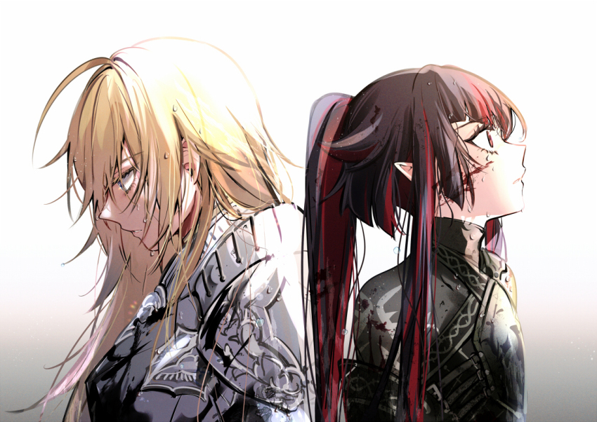 2boys, armor, black_hair, blonde_hair, blood, blood_on_clothes, blood_on_face, blue_eyes