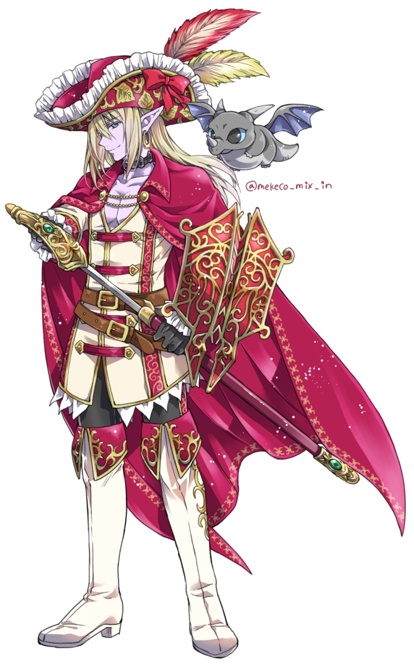 1boy, 1other, azbar_(dragon_quest), black_choker, black_gloves, blonde_hair, blue_eyes, boots