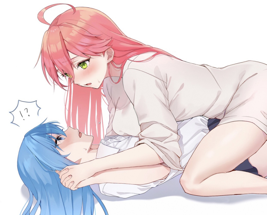 !?, 2girls, alternate_costume, black_skirt, blue_eyes, blue_hair, blush, collared_shirt