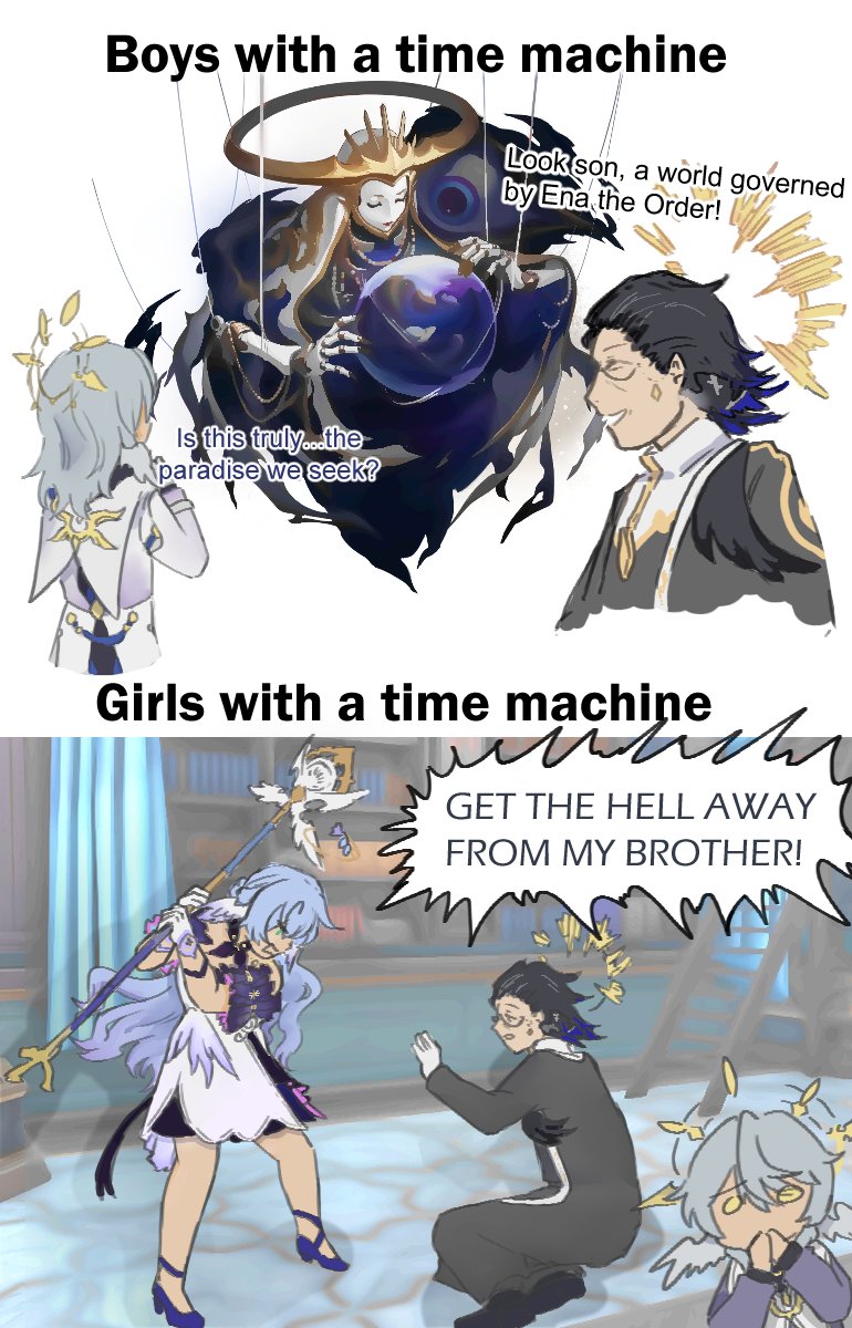 1girl, 2boys, black_coat, black_hair, blue_footwear, blue_hair, brother_and_sister, coat, dress, ena_(honkai:_star_rail), glasses, gopher_wood, grey_hair, halo, high_heels, highres, holding, holding_microphone_stand, honkai:_star_rail, honkai_(series), imminent_hit, long_hair, medium_hair, meme, microphone_stand, multiple_boys, nnayomaise, open_mouth, robin_(honkai:_star_rail), shoes, siblings, sidelocks, smile, star_(symbol), sunday_(honkai:_star_rail), sunday_(sacerdos'_relived_ordeal)_(honkai:_star_rail), very_long_hair, white_dress