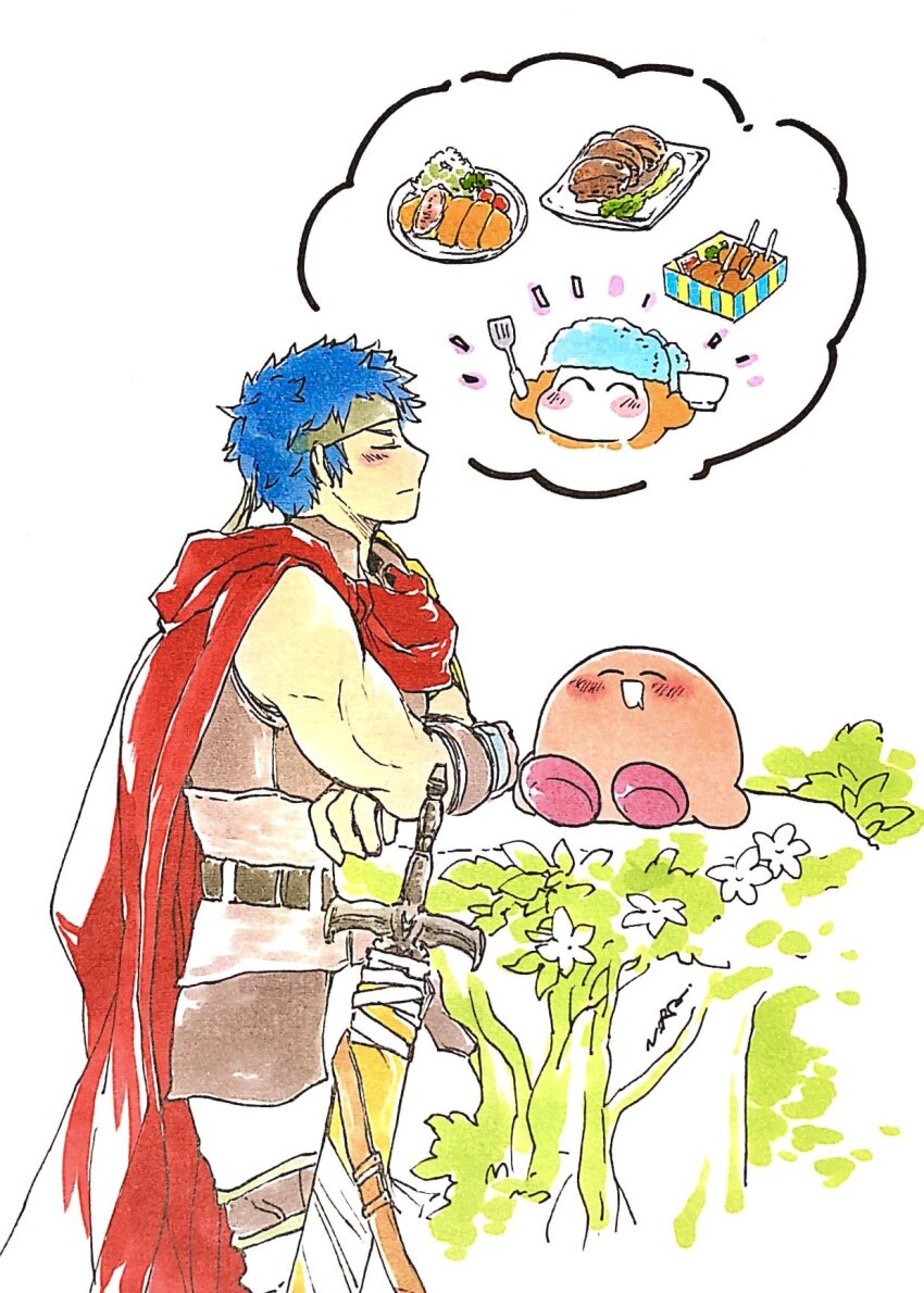 1boy, 1other, bandana, bandana_waddle_dee, blue_bandana, blue_hair, cape, closed_eyes, commentary_request, fire_emblem, fire_emblem:_radiant_dawn, food, green_headband, headband, highres, holding, holding_spatula, ike_(fire_emblem), kirby, kirby_(series), meat, nintendo, norajiyuuchou, ragnell, red_cape, short_hair, spatula, speech_bubble, super_smash_bros., sword, thought_bubble, weapon, white_background