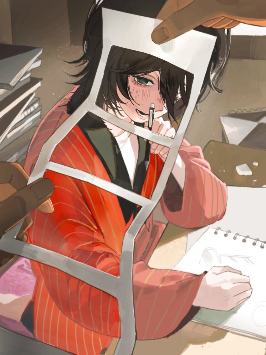 2girls, ayumu_fujino, black_eyes, black_hair, book, book_stack, coat, doodoopi4