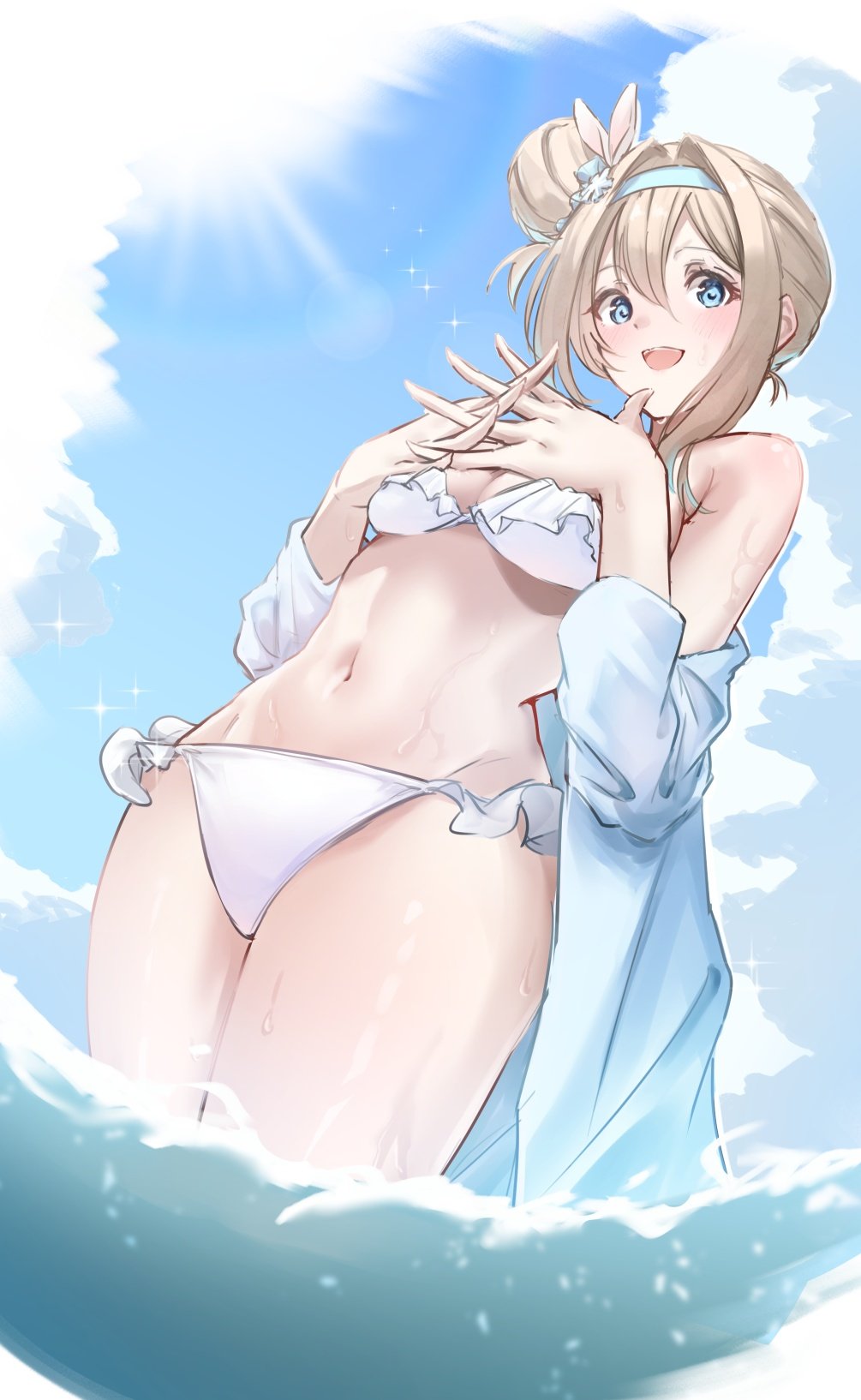 1girl, bikini, blonde_hair, blue_eyes, blue_hairband, blue_sky, breasts, cloud