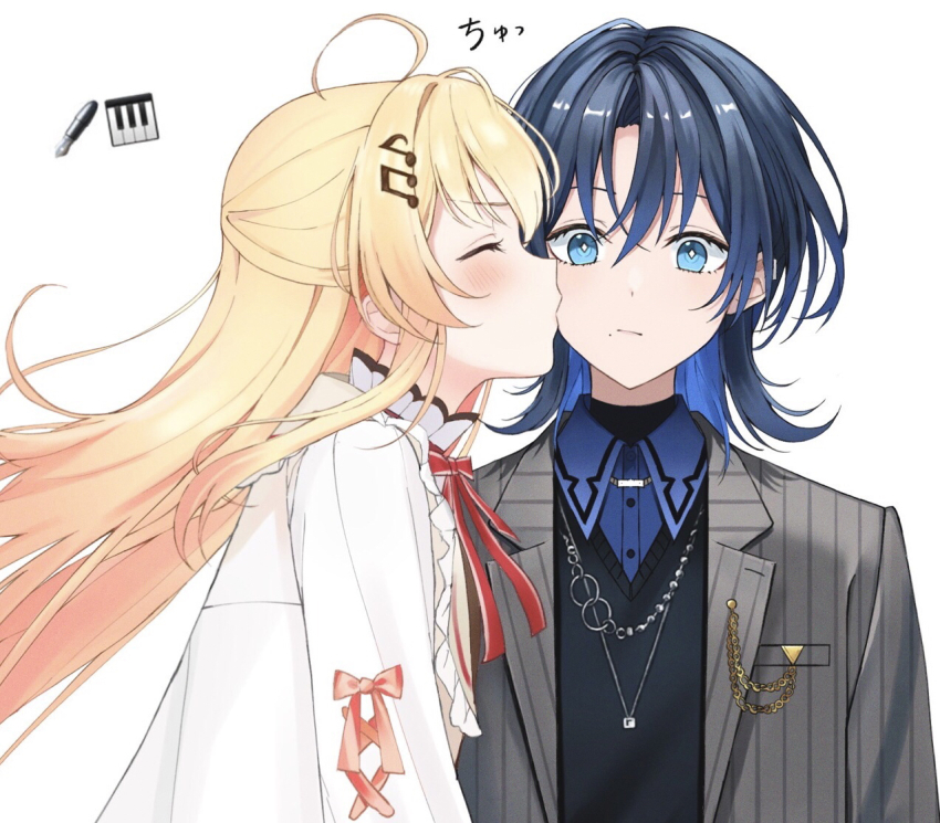 2girls, ahoge, blonde_hair, blue_eyes, blue_hair, blush, butch/femme_couple, collared_shirt