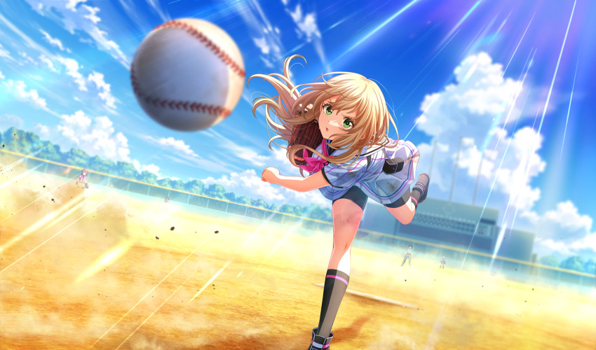 ball, baseball, baseball_(object), baseball_glove, baseball_stadium, baseball_uniform, belt_pouch, bike_shorts