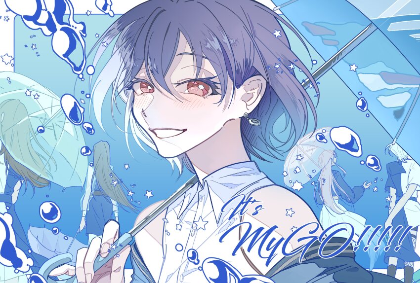 5girls, a_t_y_k, absurdres, arms_behind_back, bang_dream!, bang_dream!_it's_mygo!!!!!, black_footwear, black_hair, black_shorts, blue_dress, blue_jacket, blue_theme, blush, boots, brown_eyes, brown_hair, bubble, chihaya_anon, collared_shirt, commentary_request, copyright_name, cropped_jacket, dress, dress_shirt, earrings, fishnet_thighhighs, fishnets, floating_hair, grey_hair, hand_up, highres, holding, holding_umbrella, jacket, jewelry, kaname_raana, korean_commentary, long_hair, looking_at_viewer, multiple_girls, mygo!!!!!_(bang_dream!), nagasaki_soyo, off_shoulder, open_mouth, own_hands_together, pink_hair, pleated_skirt, shiina_taki, shirt, short_hair, shorts, single_thighhigh, skirt, sleeveless, sleeveless_shirt, takamatsu_tomori, thighhighs, umbrella, white_hair, white_shirt, white_skirt