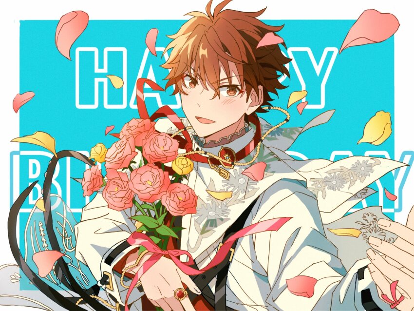 1boy, border, brown_eyes, brown_hair, commentary, english_commentary, ensemble_stars!, floral_print