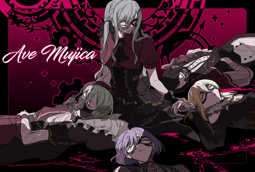 5girls, a_t_y_k, absurdres, amoris_(bang_dream!), ascot, ave_mujica_(bang_dream!), bang_dream!, bang_dream!_it's_mygo!!!!!, beret, black_ascot, black_capelet, black_corset, black_footwear, black_gloves, black_hair, black_mask, black_pantyhose, black_ribbon, black_skirt, black_vest, blonde_hair, blue_hair, boots, braid, breasts, brooch, capelet, closed_eyes, closed_mouth, clothing_cutout, collared_shirt, commentary, corset, doloris_(bang_dream!), dress_shirt, earrings, gloves, green_hair, group_name, hair_ribbon, hashtag-only_commentary, hat, high_heel_boots, high_heels, highres, holding_hands, jewelry, lap_pillow, long_hair, long_sleeves, mask, masquerade_mask, medium_breasts, medium_hair, misumi_uika, mortis_(bang_dream!), mortis_(costume)_(bang_dream!), mouth_mask, multiple_girls, pants, pantyhose, parted_lips, pleated_skirt, puffy_short_sleeves, puffy_sleeves, purple_hair, red_hat, red_shirt, ribbon, see-through_clothes, see-through_sleeves, shirt, short_hair, short_sleeves, shoulder_cutout, sidelocks, sitting, skirt, timoris_(bang_dream!), togawa_sakiko, two_side_up, vest, wakaba_mutsumi, white_pants, white_shirt, yahata_umiri, yokozuwari, yuutenji_nyamu