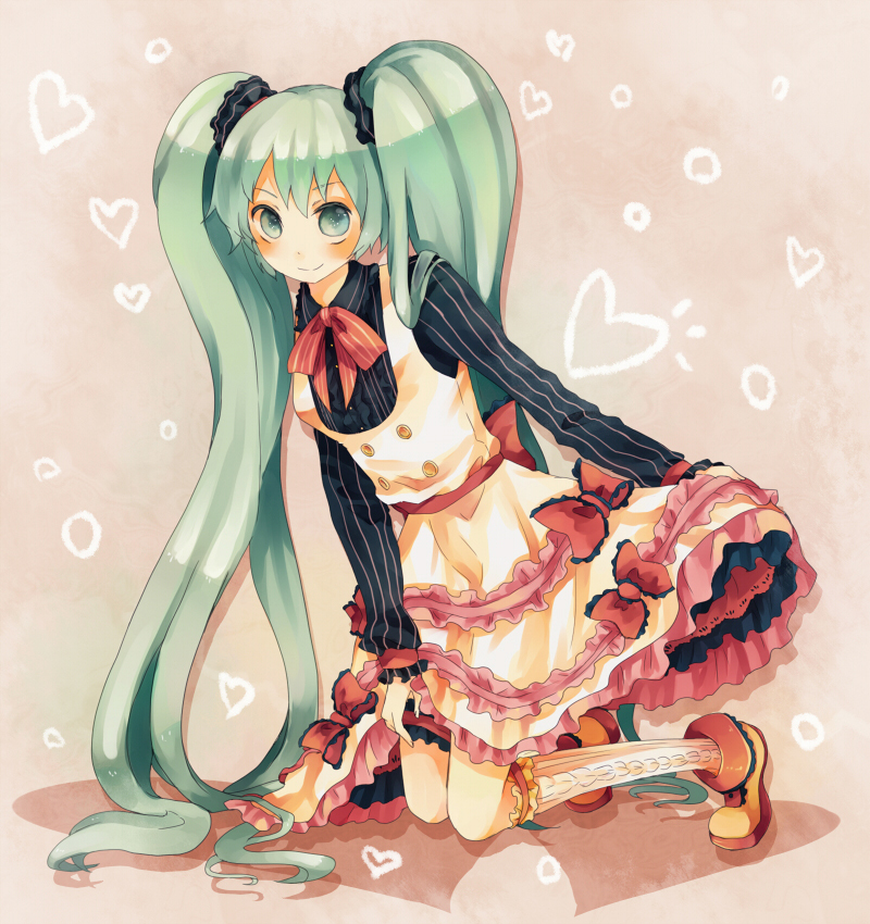 1girl, bad_id, bad_pixiv_id, bow, dress, female_focus, frills, green_eyes