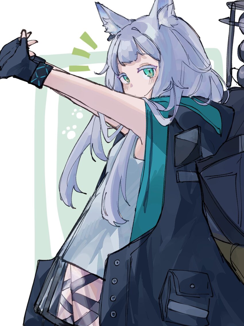 1girl, animal_ear_fluff, animal_ears, animal_hands, arknights, arms_up, bare_arms, black_gloves